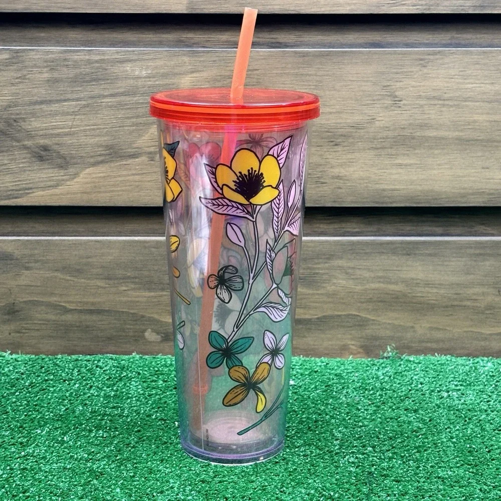 RARE Starbucks 24oz POPPY Flowers Acrylic Cold Drink Cup Tumbler‎ Red Yellow
